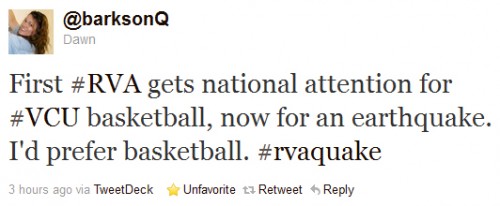 First #RVA gets national attention for #VCU basketball, now for an earthquake. I'd prefer basketball. #rvaquake