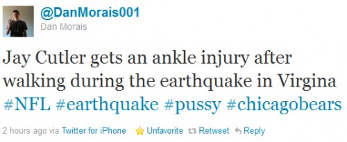 Jay Cutler gets an ankle injury after walking during the earthquake in Virgina #NFL #earthquake #chicagobears