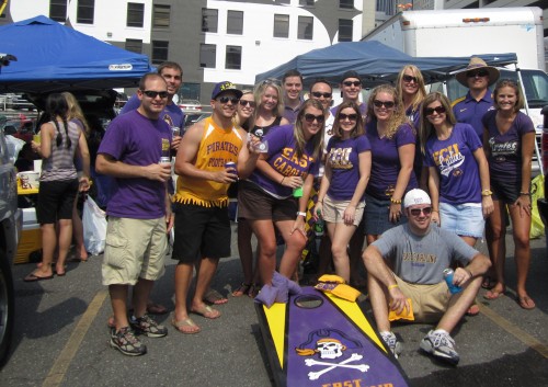 tailgate group photo: Jon, Tom, Steve, Erin, Brittany, Kevin, Laura Ashley, Chris, Heather, Warren, Lauren, Staci, Preston, Jen, JG, Stephanie