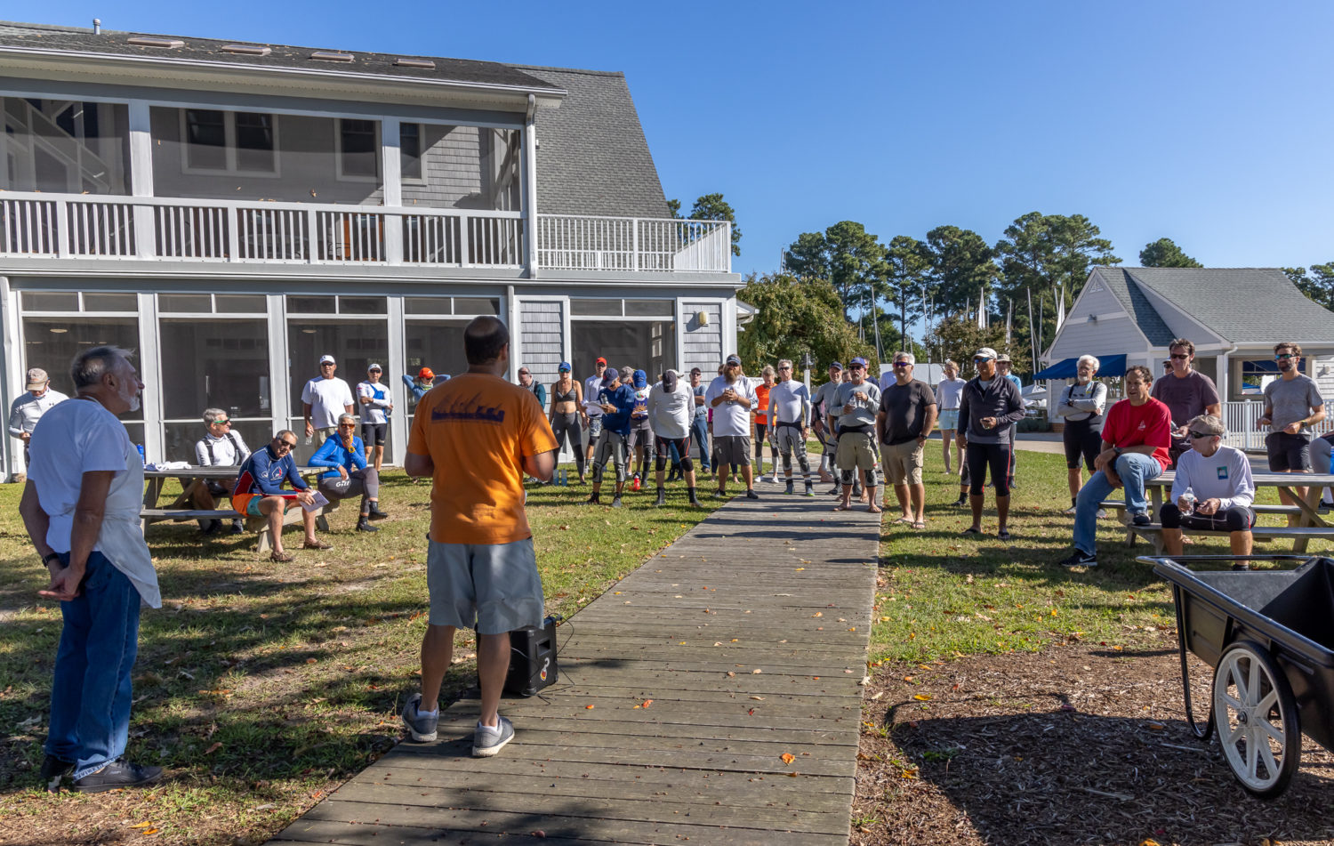 Jon Deutsch addressing the fleet at the Skipper's Meeting during the 40th Chesapeake Bay Laser Masters Championship- photo by Paul Almany