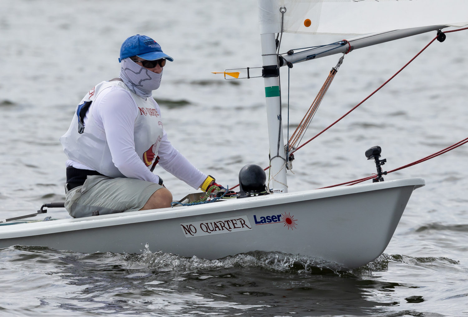 Jon on the ILCA with the Drift XL Pro on the bow pointed forward. Photo by Paul Almany.